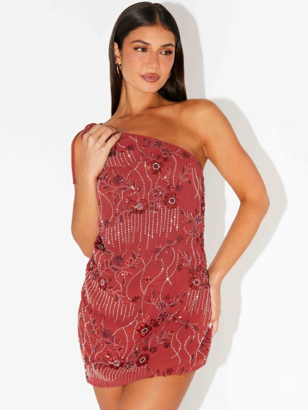 Peppermayo Red Sequin One-Shoulder Cocktail Dress